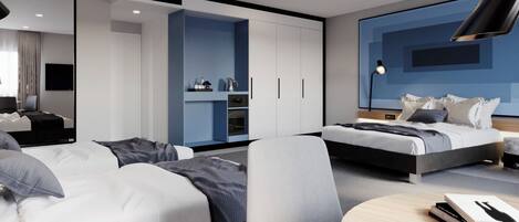 A modern hotel room with two beds, a desk, a round table, and a large mirror.