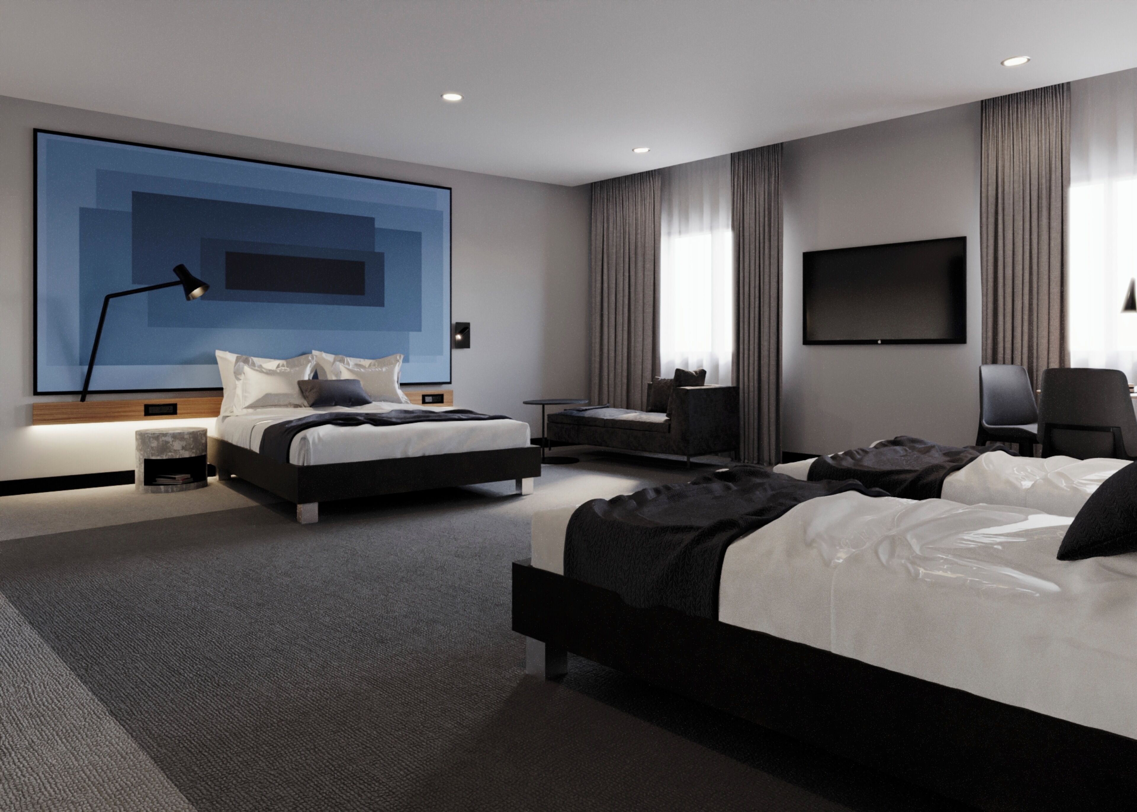 A modern hotel room with a large bed, a smaller bed, a desk, a chair, a TV, and a large abstract painting on the wall.