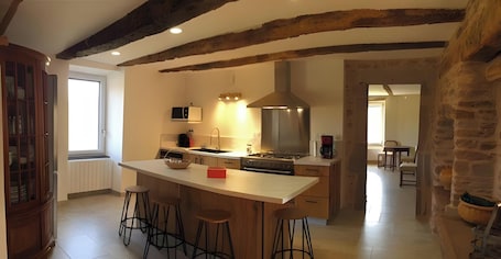 Fridge, microwave, oven, stovetop. Country House 'Le Mas De Jacquet': Mountain Views, Private Terraces, Wi-Fi