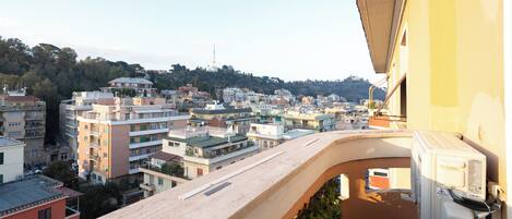 A balcony with a view of a densely packed urban area, buildings, and a distant hill.