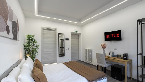A modern hotel room with a bed, a desk, a chair, a radiator, a television, and a plant.