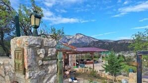 A stone structure with a metal lamp post, a covered outdoor area with a red roof, and a dog standing on a concrete path. - W Antic Pansiyon (Datca)