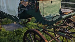 Un carro cubierto con techo de lona, ruedas de madera y un asiento de banco.