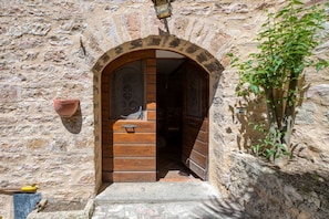 An arched wooden door leading into a room with a stone wall and a potted plant beside it.