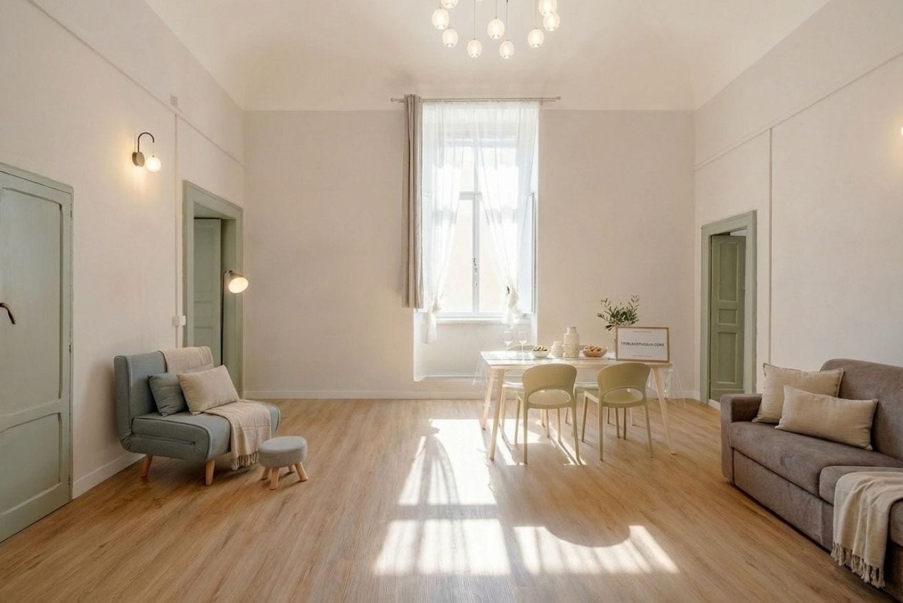 Una habitación amplia con comedor, sofá y ventana con cortinas traslúcidas.