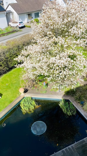 A residential setting with a swimming pool, a white car, and a blooming tree. - Relax or Work – Modern Apartment in Gevelsberg with Balcony and Air Conditioning (Gevelsberg)