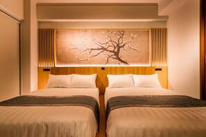 A hotel room with two beds, a large wall-mounted artwork of a tree, and a wooden headboard. - May 2026 OPENSALE / Within walking distance from Umeda, Osaka Station / Japanese modern inn decorated with high-quality furniture, immersed in the afterglow of cherry blossoms and the night view (大阪市)