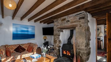 Un salón acogedor con chimenea de piedra, un sofá con cojines estampados, un televisor de pantalla plana y un cuadro de un cielo azul.