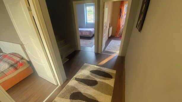 Un pasillo con un tapete que conduce a un dormitorio con cama y puerta.