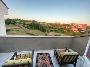 A balcony with two wooden chairs and a patterned rug, overlooking a residential area with houses and greenery.