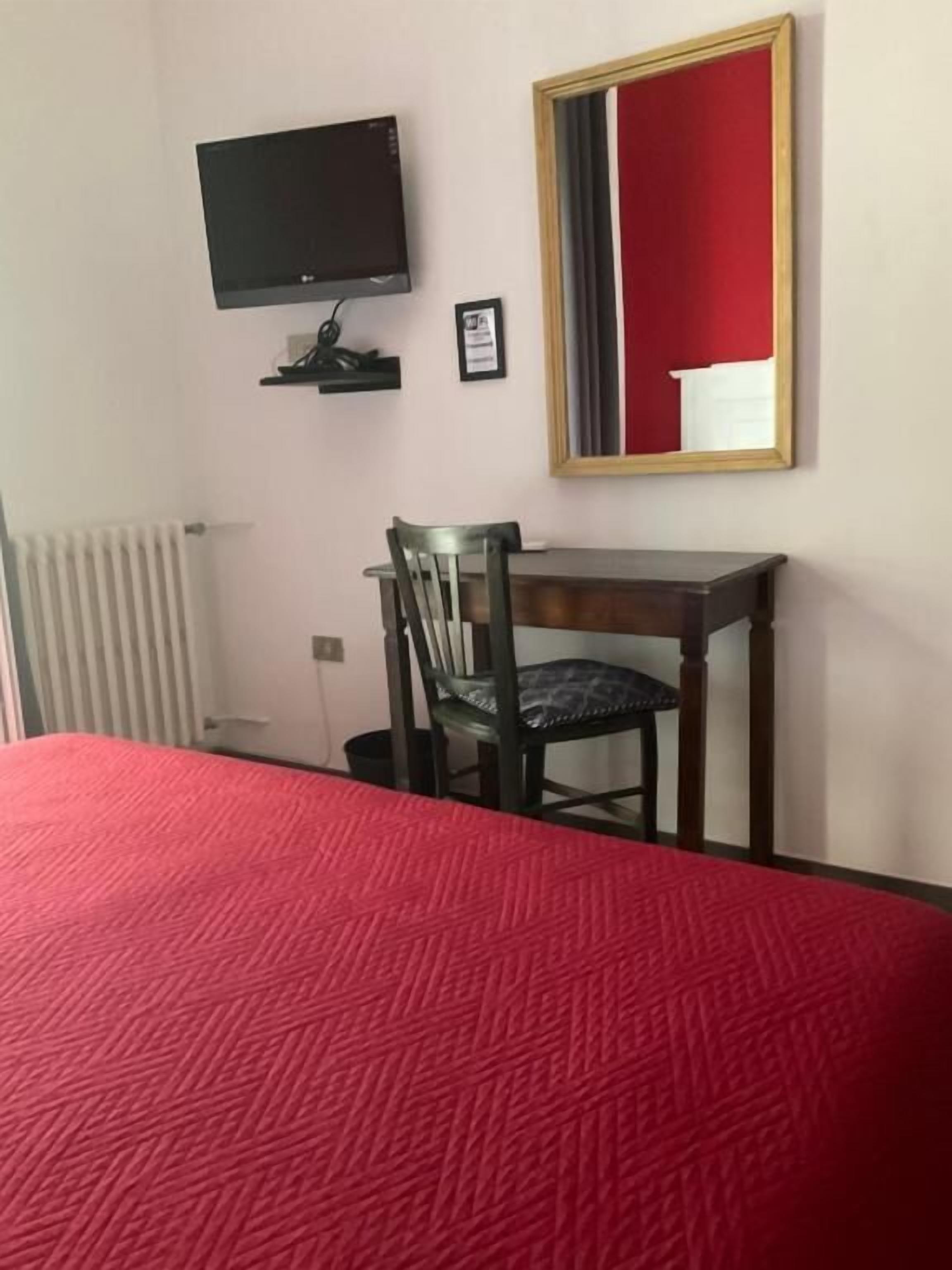 A room with a bed, a desk with a chair, a television, a mirror, and a radiator.