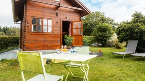 A wooden cabin with a dining table and chairs, a small garden, and a lounge chair. - Guest Room - Chalet in Pays d'Auge with Garden (Lessard-et-le-Chêne)