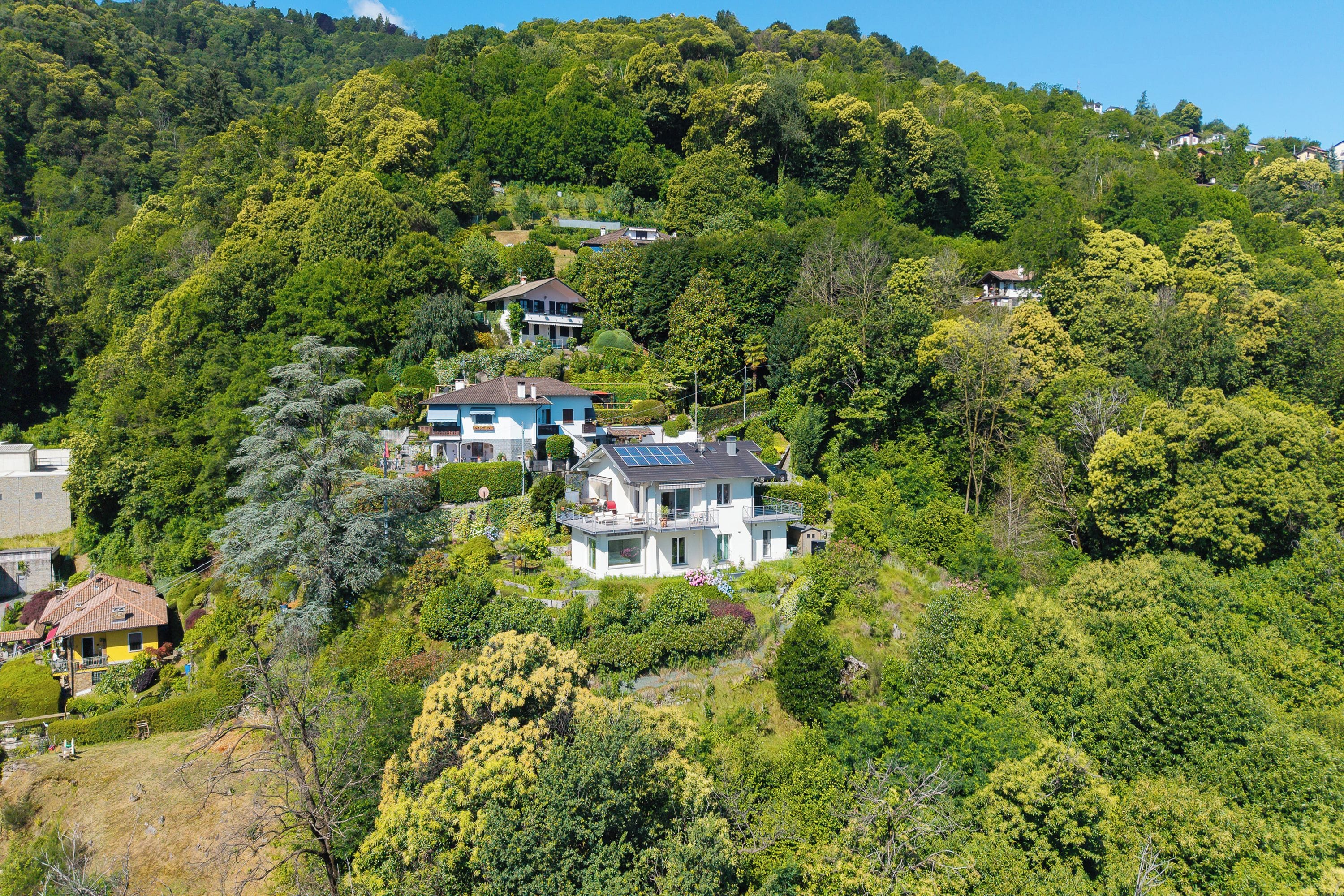 A hillside residential area with multiple houses, lush greenery, and a clear sky.