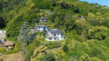 A hillside residential area with multiple houses, lush greenery, and a clear sky.