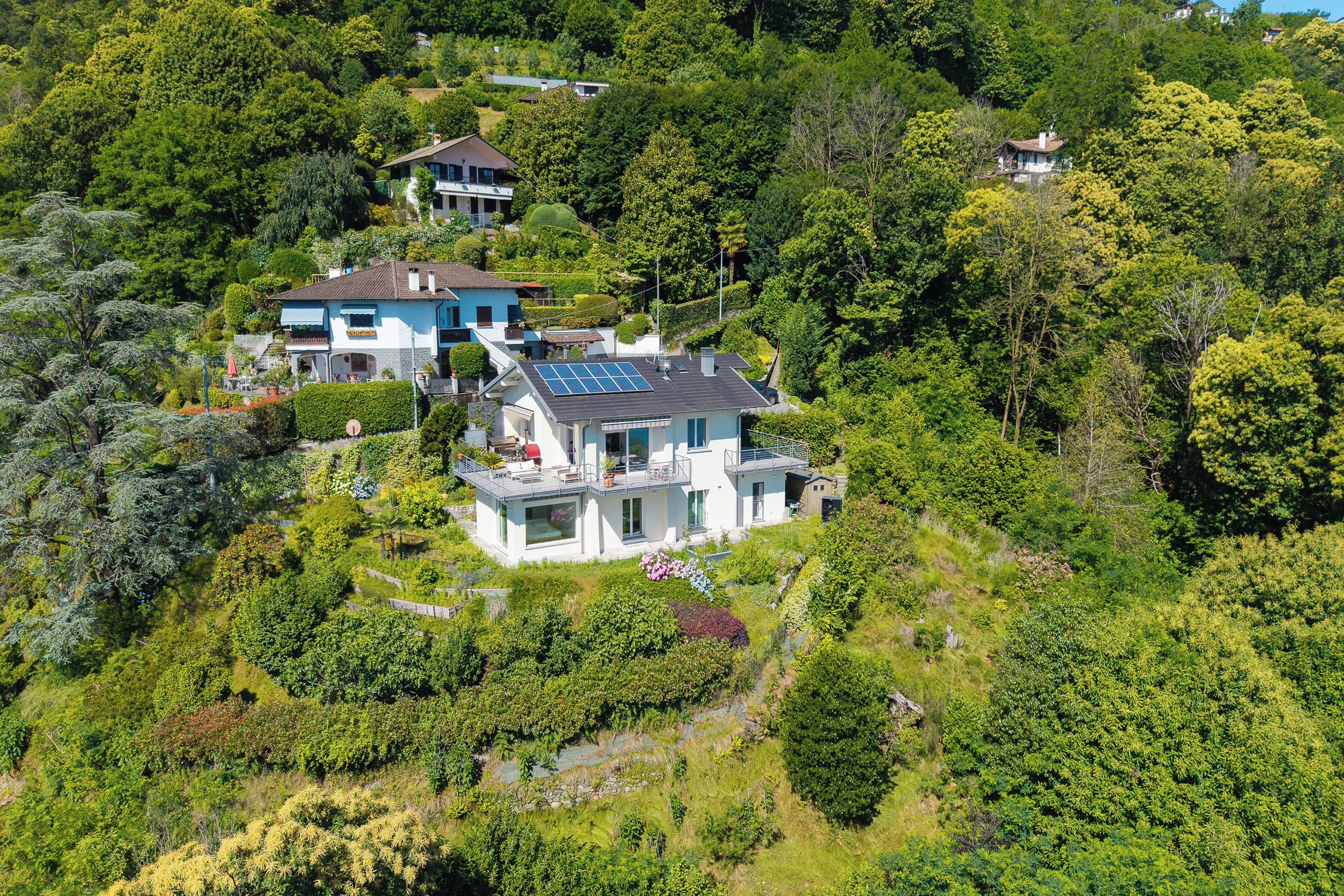 A hillside property with multiple houses, lush greenery, and a prominent house with a solar panel roof.