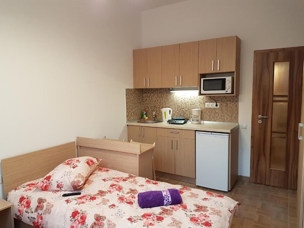 Una habitación pequeña con cama, kitchenette y una puerta.