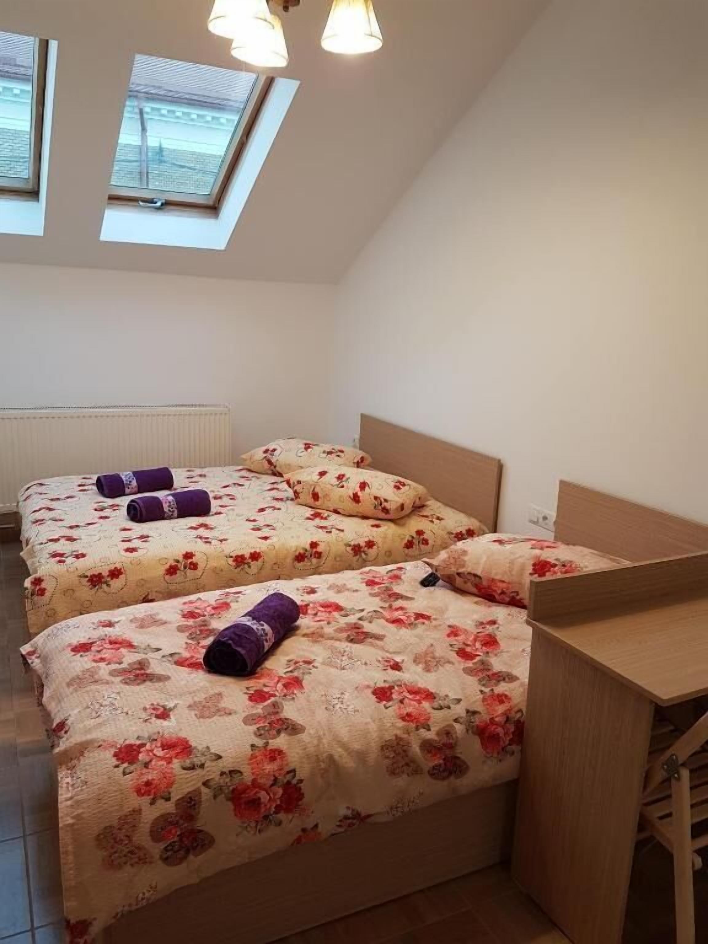 A bedroom with two beds, a skylight, and a wooden desk.