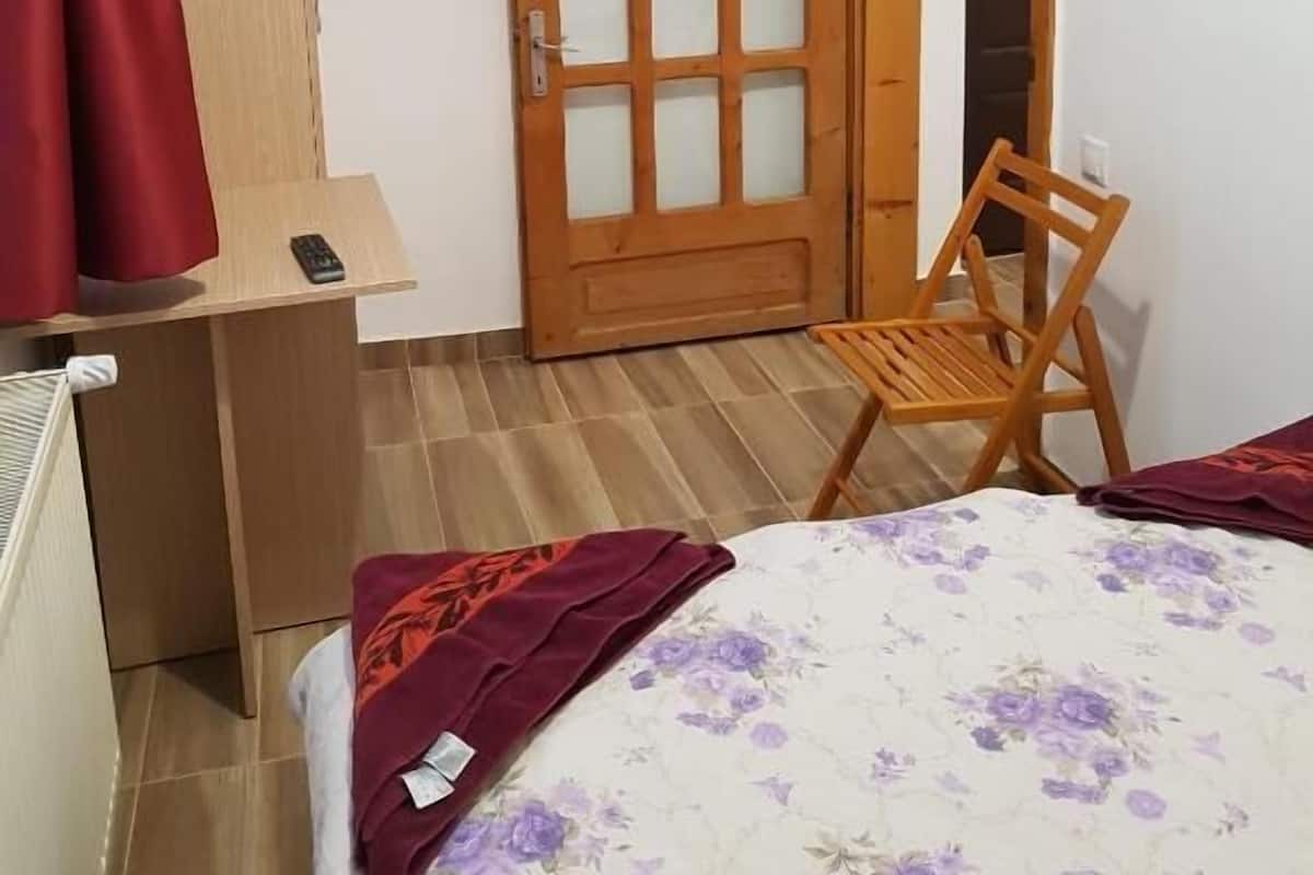 Een slaapkamer met een bed, een houten bureau, een stoel, een aan de muur bevestigde televisie en een houten deur.