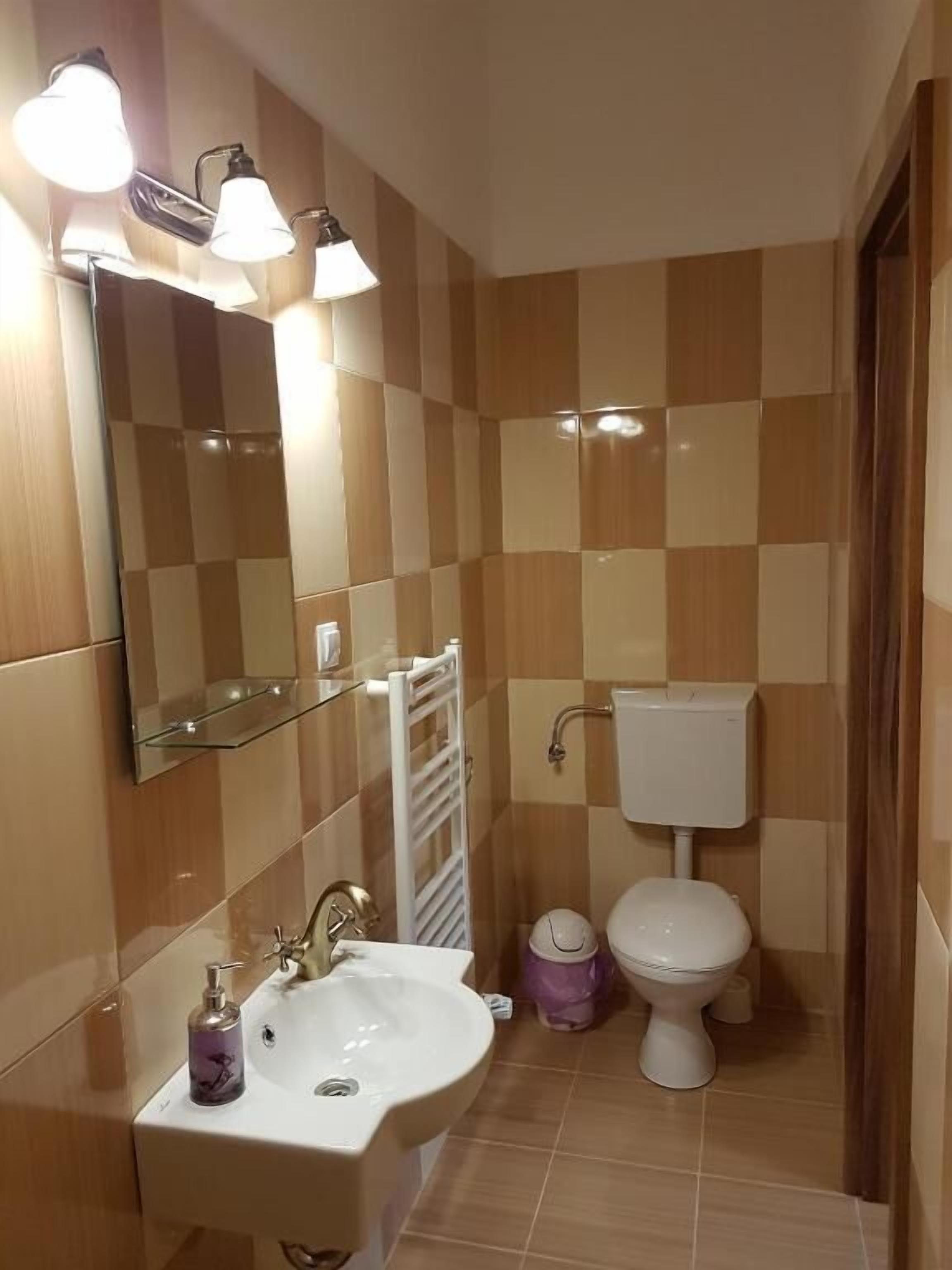 Un baño con lavamanos, espejo, inodoro y toallero.