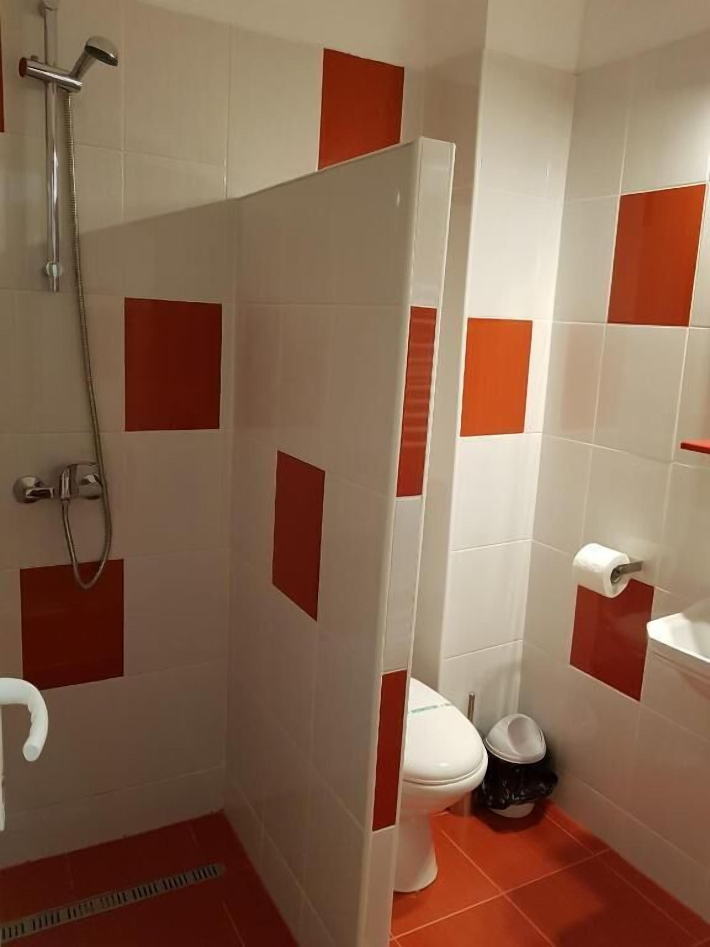 Bagno con doccia, wc e lavandino, rivestito con piastrelle rosse e bianche.