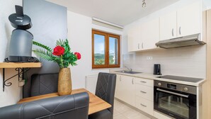 A modern kitchen with a built-in oven, a coffee machine, and a window with a view. - Cozy vacation apartment with pool and terrace in Crikvenica (Crikvenica)