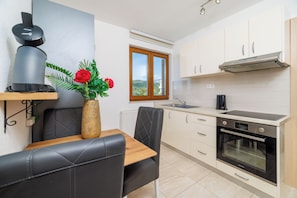 A modern kitchen with a built-in oven, a coffee machine, and a window with a view. - Cozy vacation apartment with pool and terrace in Crikvenica (Crikvenica)