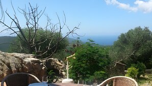 Mesa de madera redonda dispuesta para comer, con platos, cubiertos y una jarra, con vistas a un paisaje pintoresco con árboles y vista al mar.