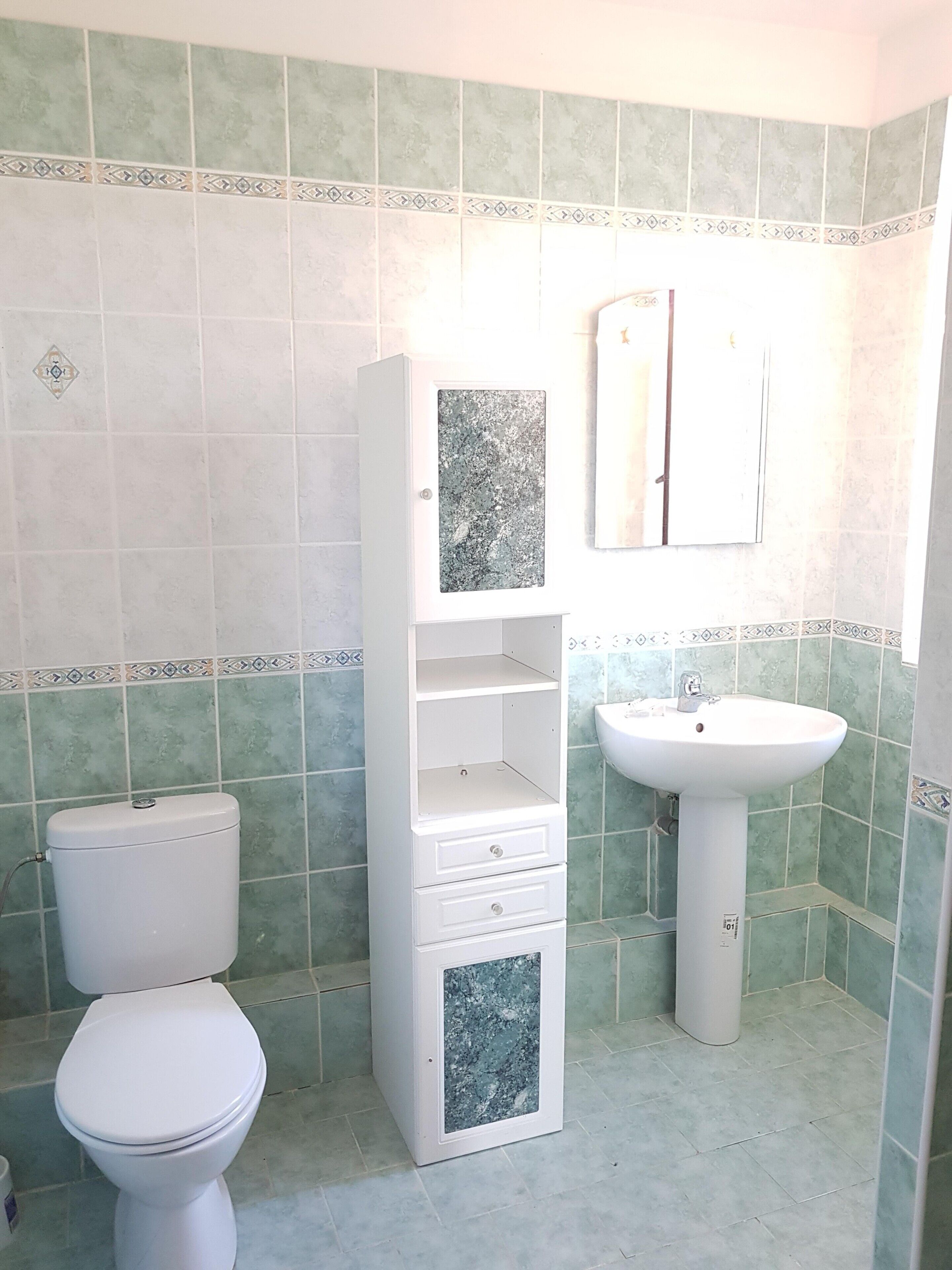 Kylpyhuone, jossa on wc, laatikoilla varustettu kaappi, pesuallas ja peili.