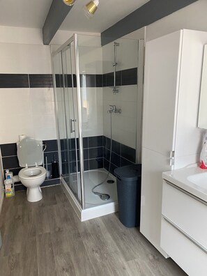 A modern bathroom with a toilet, a glass-enclosed shower, and a sink. - Gite at the gateway to the Pointe du Raz (Poullan-sur-Mer)