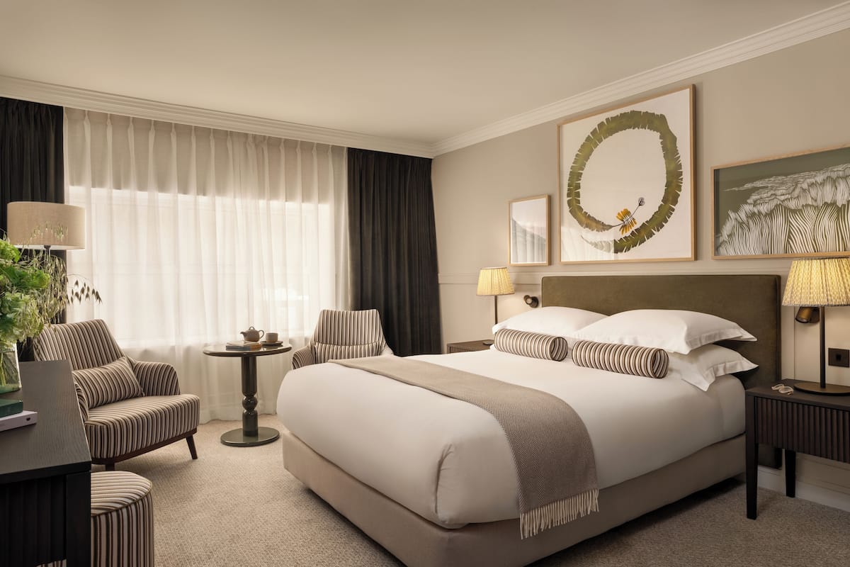A hotel room with a large bed, two chairs, a small table, a desk, a lamp, a potted plant, and artwork on the walls.