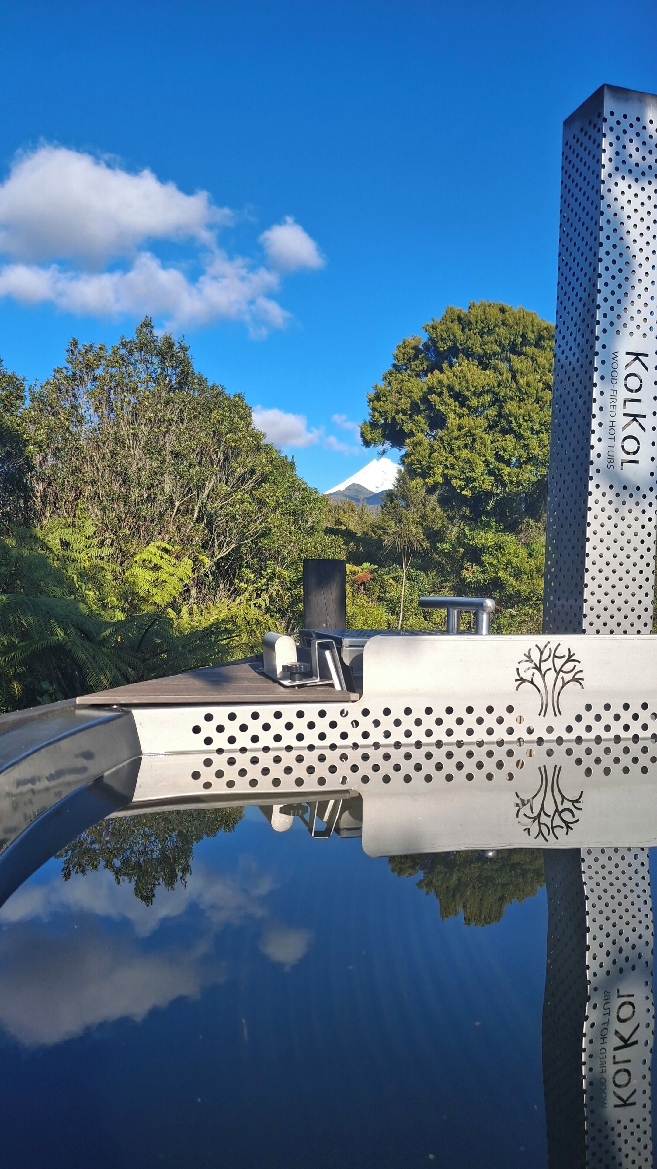 A reflective surface with a metal structure featuring perforations and a tree design, set against a backdrop of lush greenery and a clear sky.