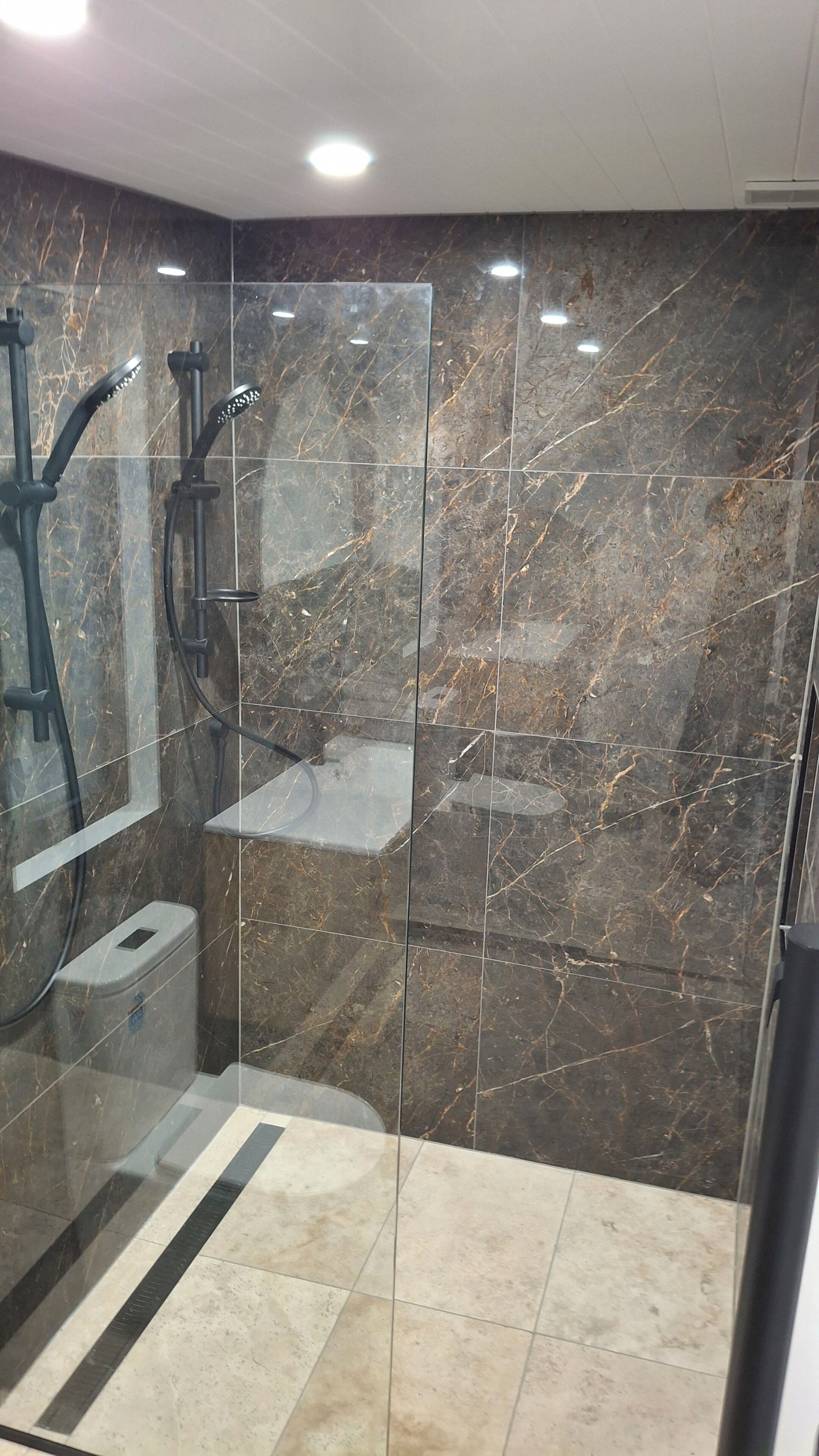 A modern bathroom with a glass shower enclosure, marble walls, and a toilet.