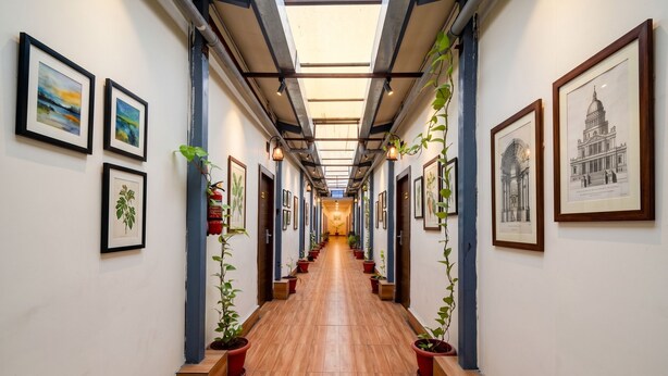 Un pasillo con obras de arte enmarcadas, plantas en macetas y piso de madera.