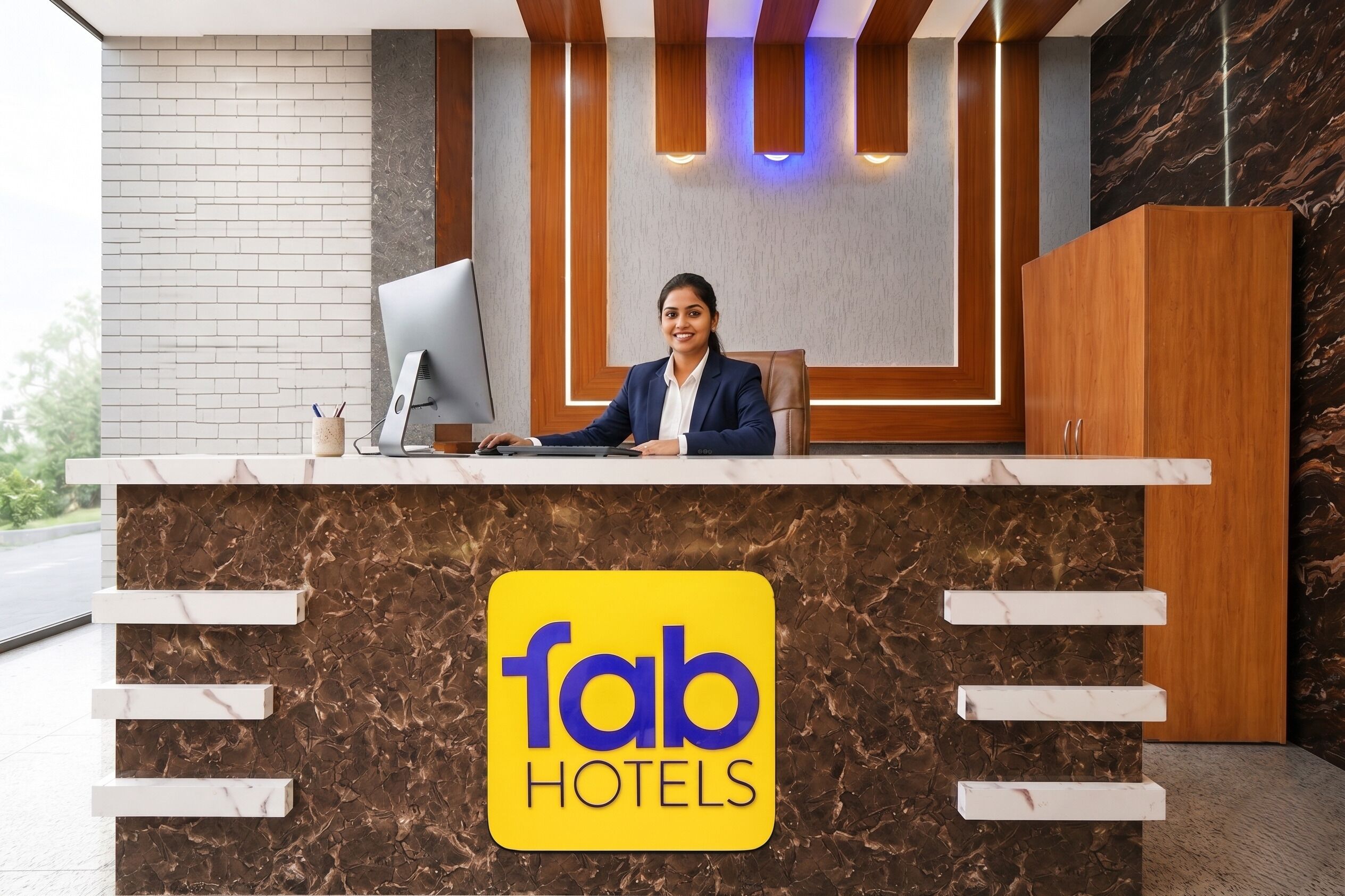 A reception desk with a computer, a person seated behind it, and a 'fab hotels' sign.
