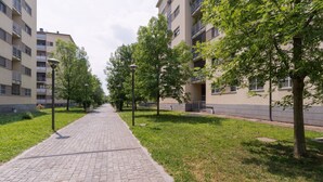 Ein gepflasterter Weg, gesäumt von Bäumen und Gebäuden mit Balkonen, was auf eine Wohngegend hindeutet.
