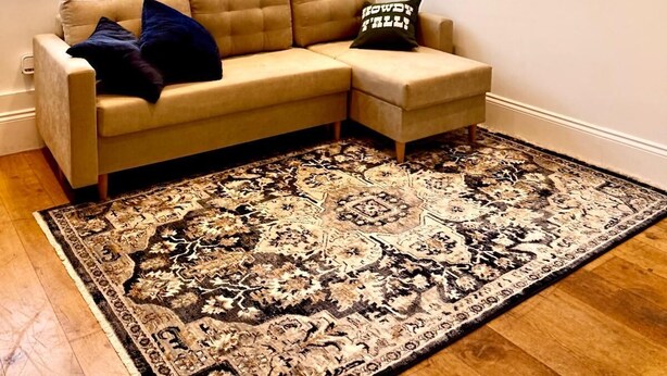 Ein Wohnzimmer mit einem beigefarbenen Modulsessel, einem gemusterten Teppich, einer Topfpflanze und einem gerahmten Bild an der Wand.
