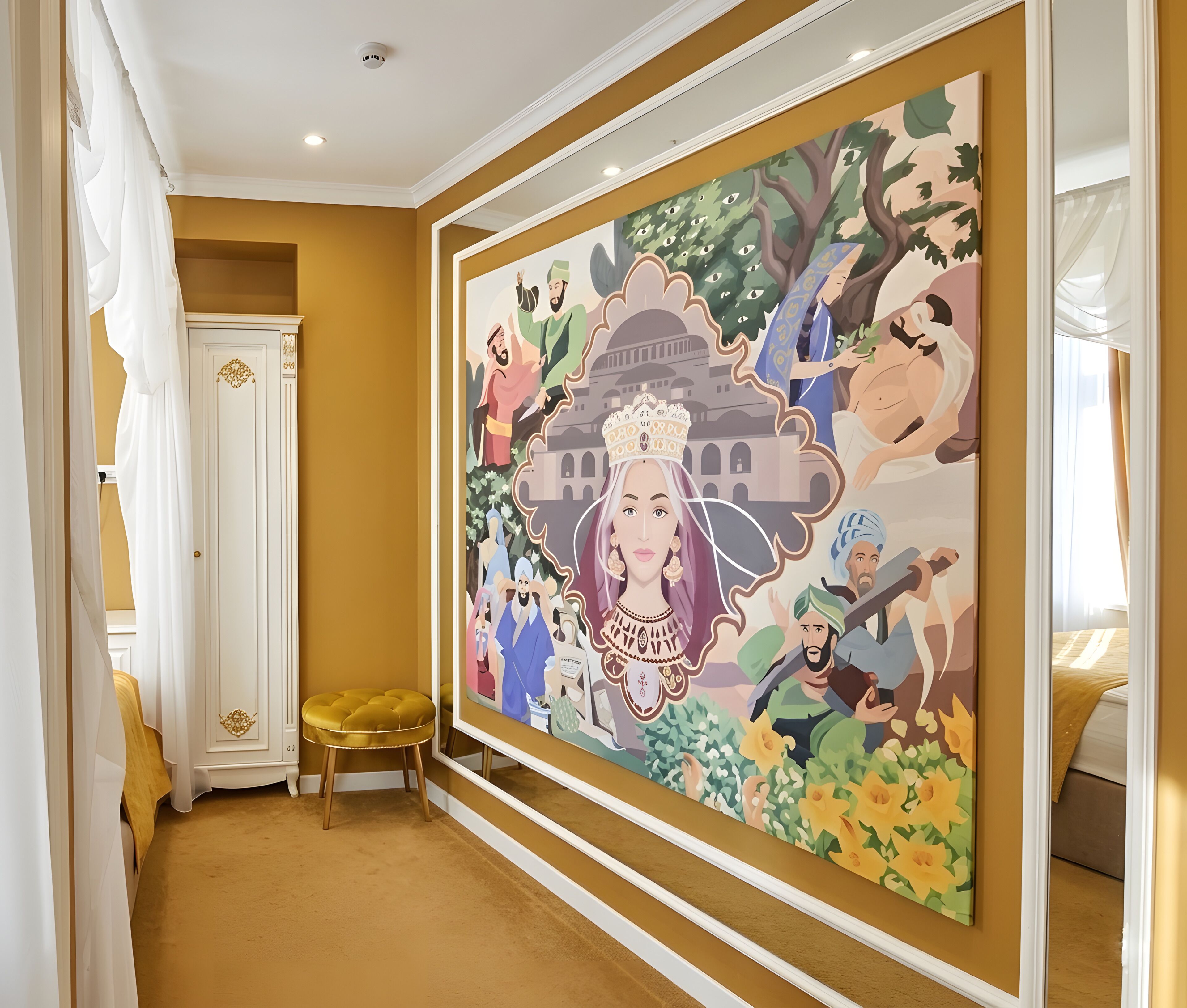 A hallway with a large mural, a white door, a yellow ottoman, and a bed with a yellow blanket.