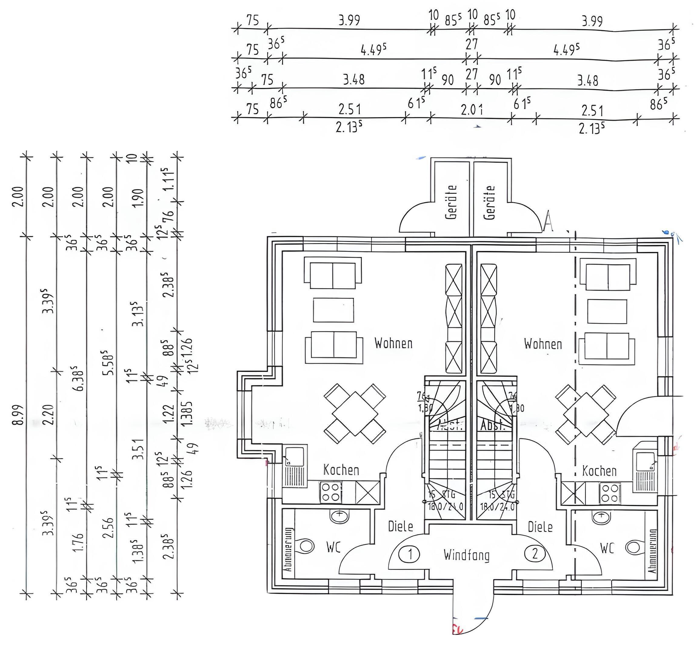 A floor plan with two bedrooms, a kitchen, a dining area, and a living room.