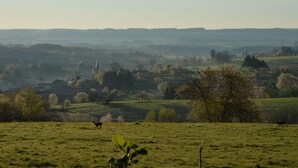 Paisagem rural com colinas onduladas, o topo de uma igreja e um veado em um campo.