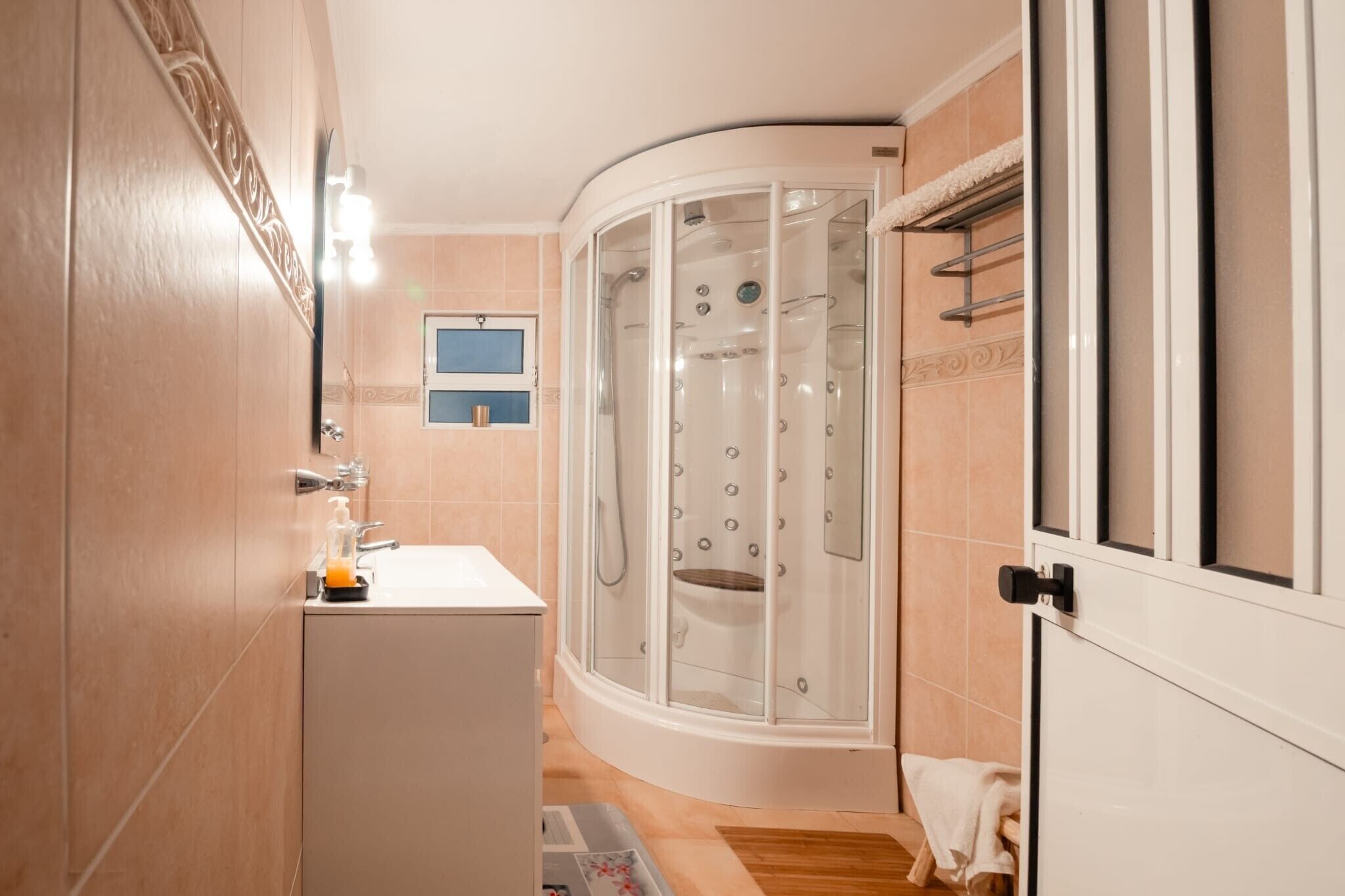 Shower, hair dryer, towels
