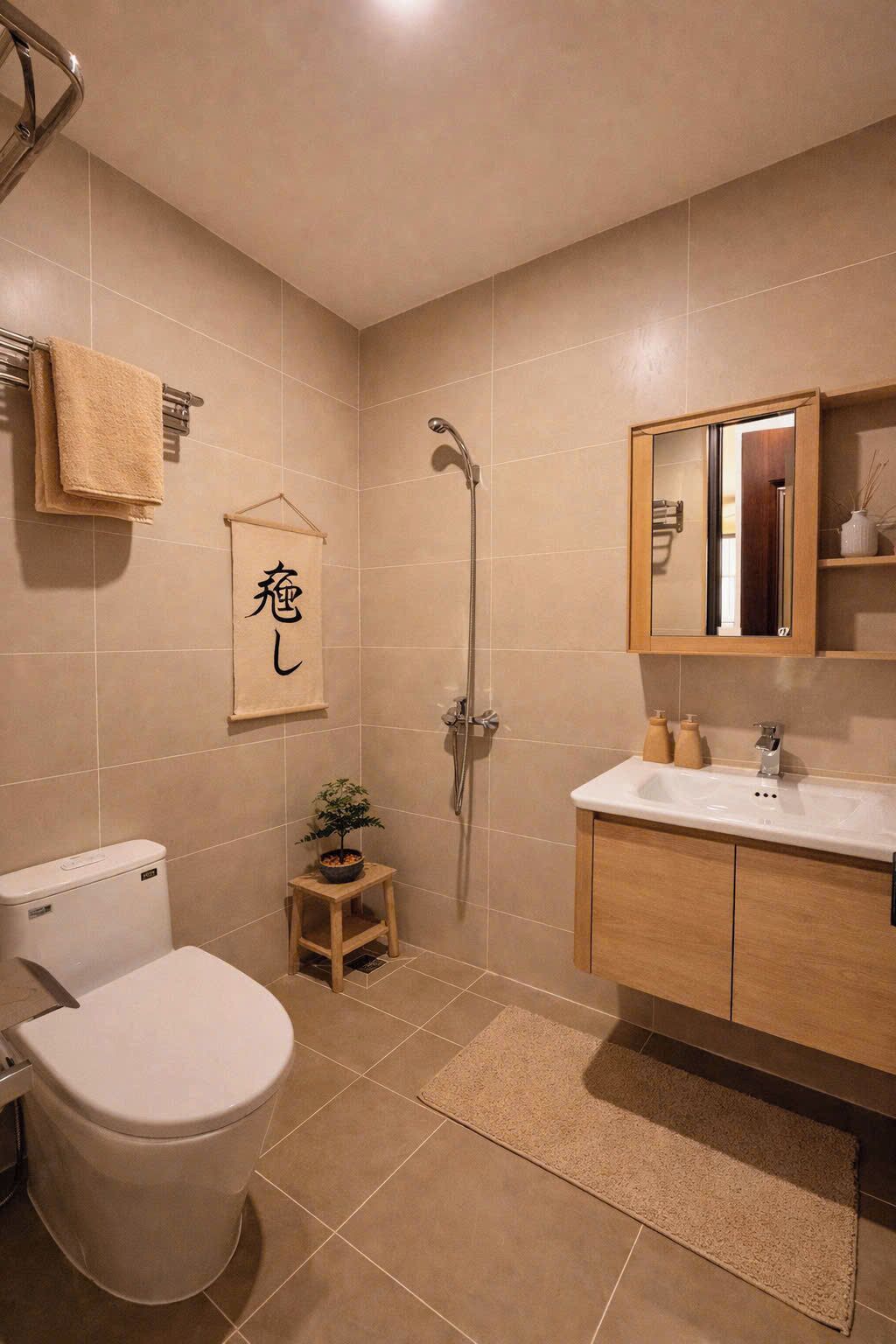 Comfort studio | Badkamer | Een douche, een haardroger, handdoeken, shampoo