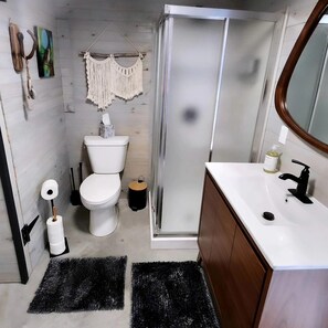 Hair dryer, towels, soap, shampoo