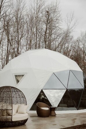 A geodesic dome structure with a triangular window, a spherical hanging chair, and a round seating area.