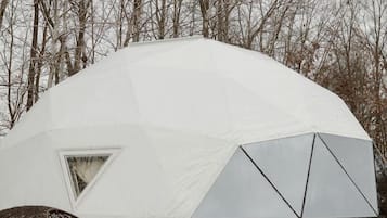 A geodesic dome structure with a triangular window, a spherical hanging chair, and a round seating area.