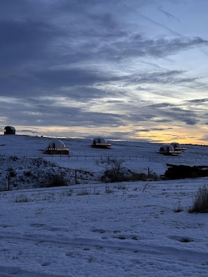 Un paysage enneigé avec plusieurs structures en forme de dôme, qui pourraient être des logements, sur une colline.