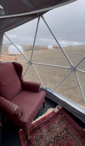 A room with a large window, a red patterned chair, and a red patterned rug. - Cozy Geodesic Glamping Dome on a Canadian Ranch with Horses, Perfect for a Weekend of Wellness (Redcliff)