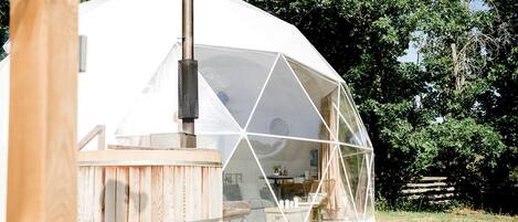 Une structure en forme de dôme géodésique, dotée d’une terrasse en bois et d’une cheminée.