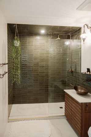 A modern bathroom with a glass-enclosed shower, a wooden vanity, and a hanging plant.