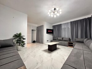 Un salon moderne avec un téléviseur à écran plat, des canapés gris, une table basse et une plante en pot.