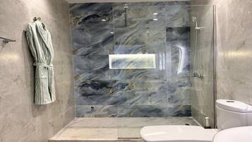 Shower, towels, toilet paper